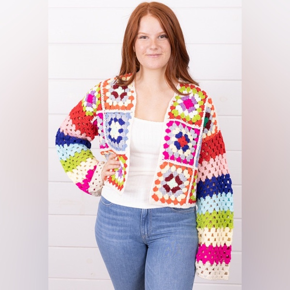 Elan International Rainbow Crochet Cardigan Sweater open front